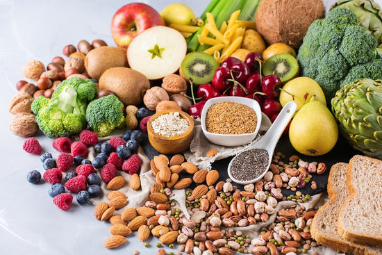A pile of fruits, vegetables, and grains