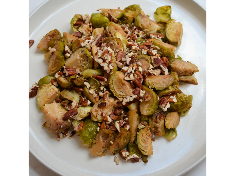 Sriracha Honey Brussels Sprouts with Toasted Pecans