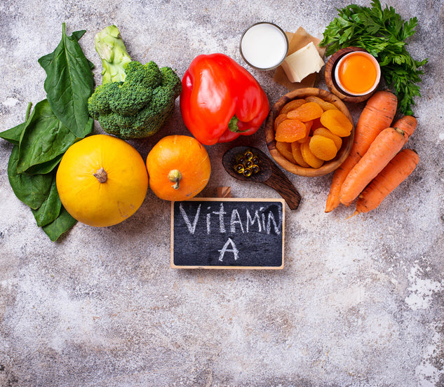 vegetables surrounded by chalkboard that says vitamin A for knowing the signs of nutritional deficiencies 