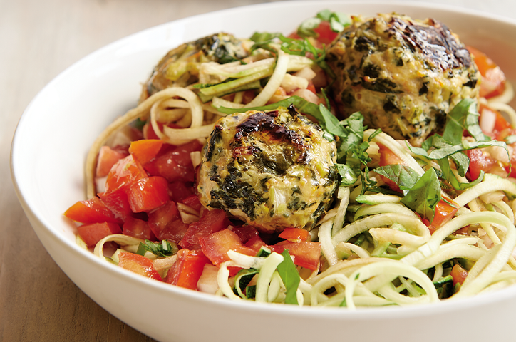 Turkey Kale Meatballs with Zucchini Noodles and Salsa Cruda