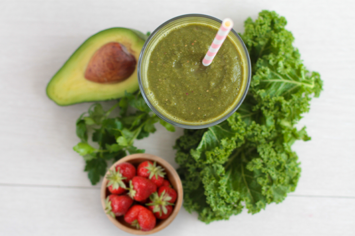 green smoothie with avocado, strawberries, more
