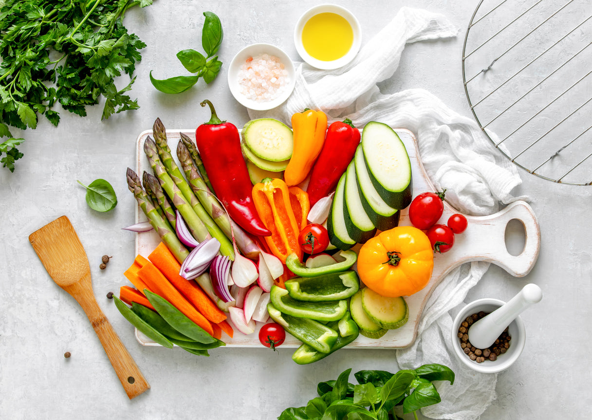 vegetables cut up on cutting board
