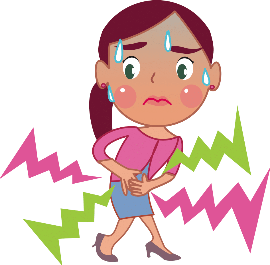 Cartoon woman holding her stomach in pain