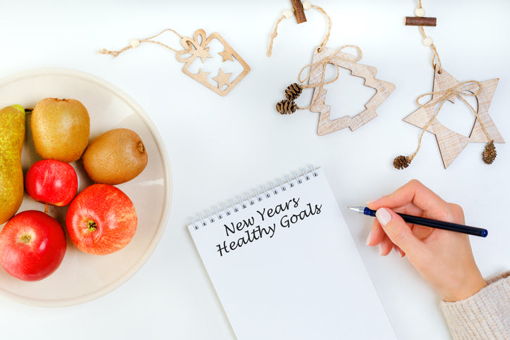 New Years Health Goals notepad with fruits and ornaments