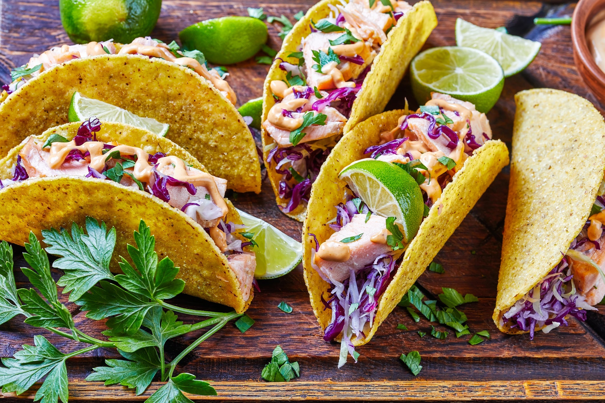 Salmon Tacos with Cabbage Slaw and Creamy Cilantro Dressing