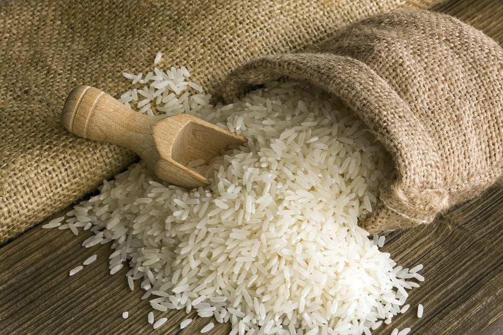 Burlap bag of white rice