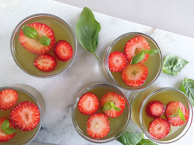 Lime gelatin with strawberries