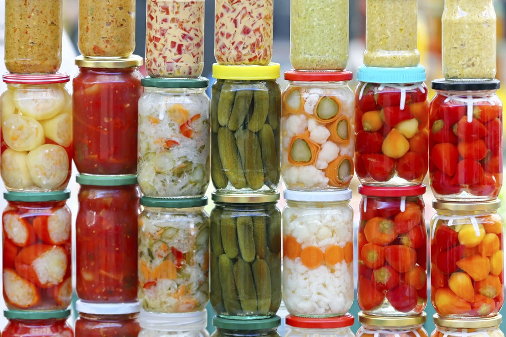 Jars of fermented foods for gut health