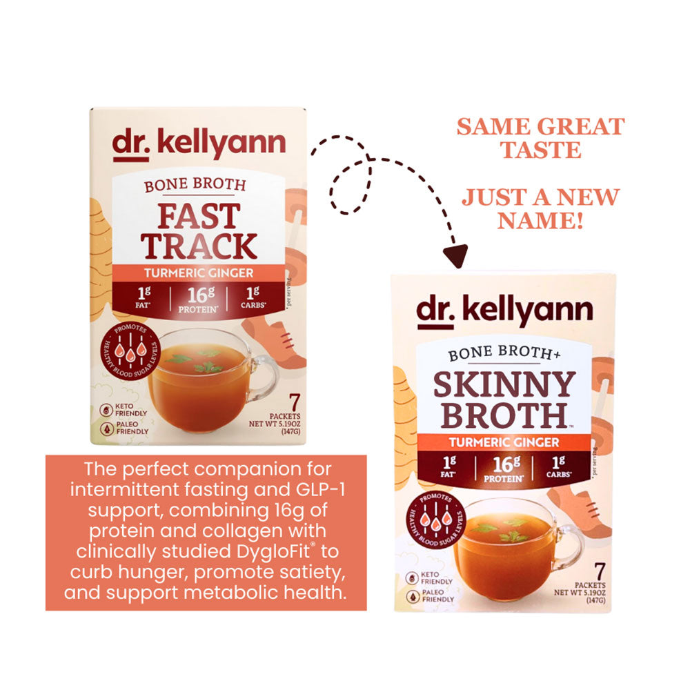 Two packages of Dr. Kellyann bone broth with text highlighting the change in name from 'Fast Track' to 'Skinny Broth'.