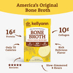 Packaging of Dr. Kellyann Bone Broth in French Onion flavor with highlights such as 16g Protein, 10g Collagen, only 70 calories, slow-simmered 8 hours, reviews and rich delicious flavor.