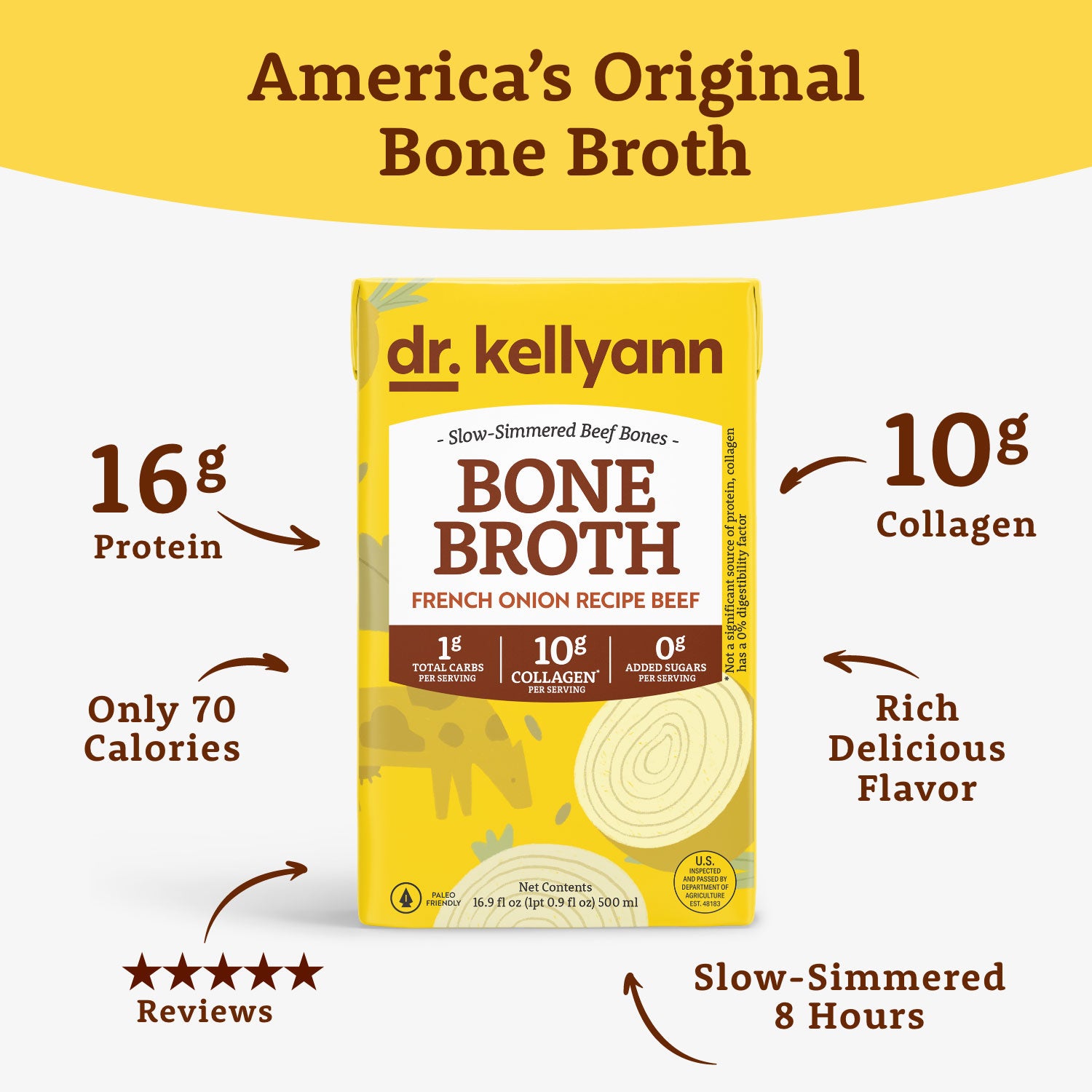 Packaging of Dr. Kellyann Bone Broth in French Onion flavor with highlights such as 16g Protein, 10g Collagen, only 70 calories, slow-simmered 8 hours, reviews and rich delicious flavor.