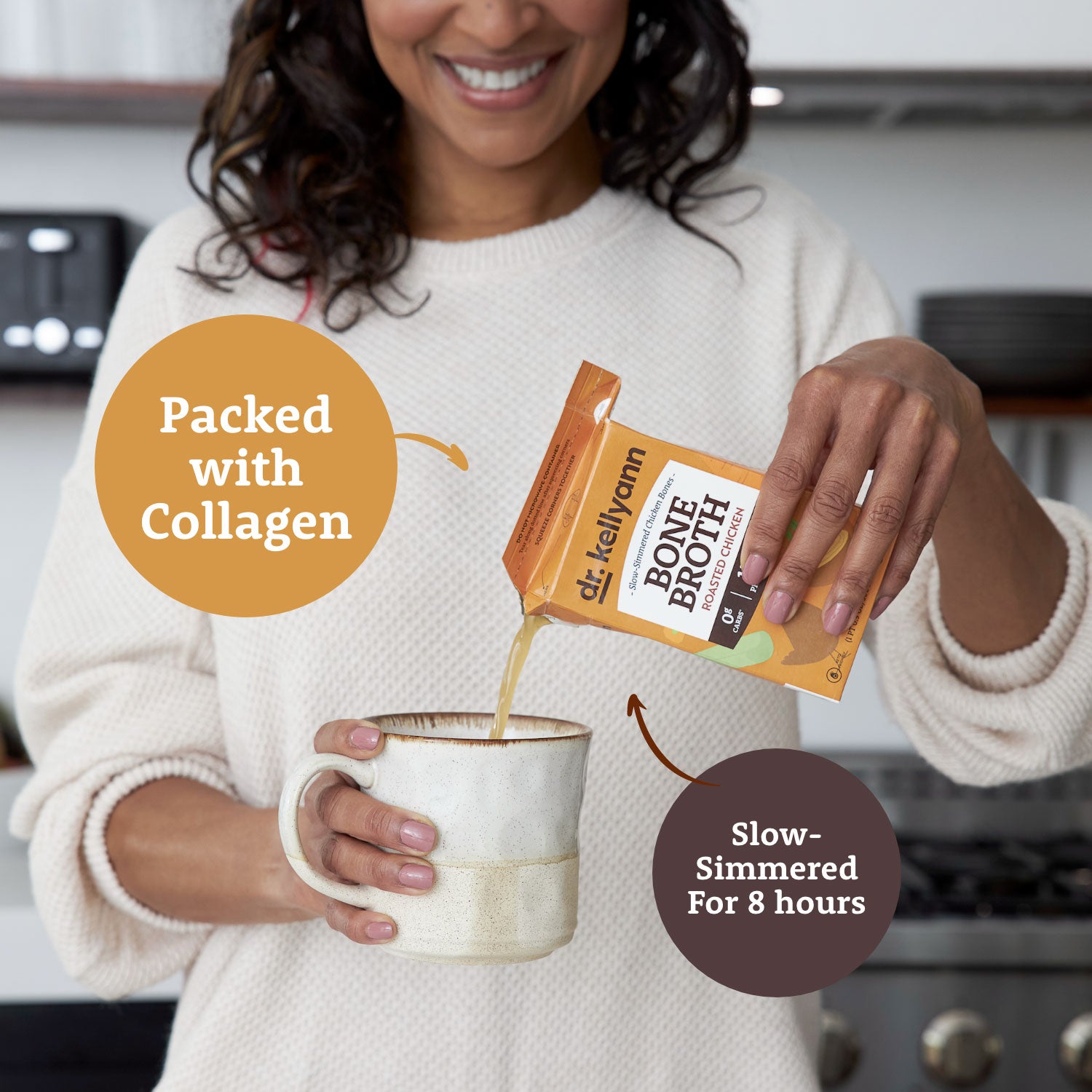 Bone Broth Liquid - Thai Lemongrass and model holding the pack showing benefits 