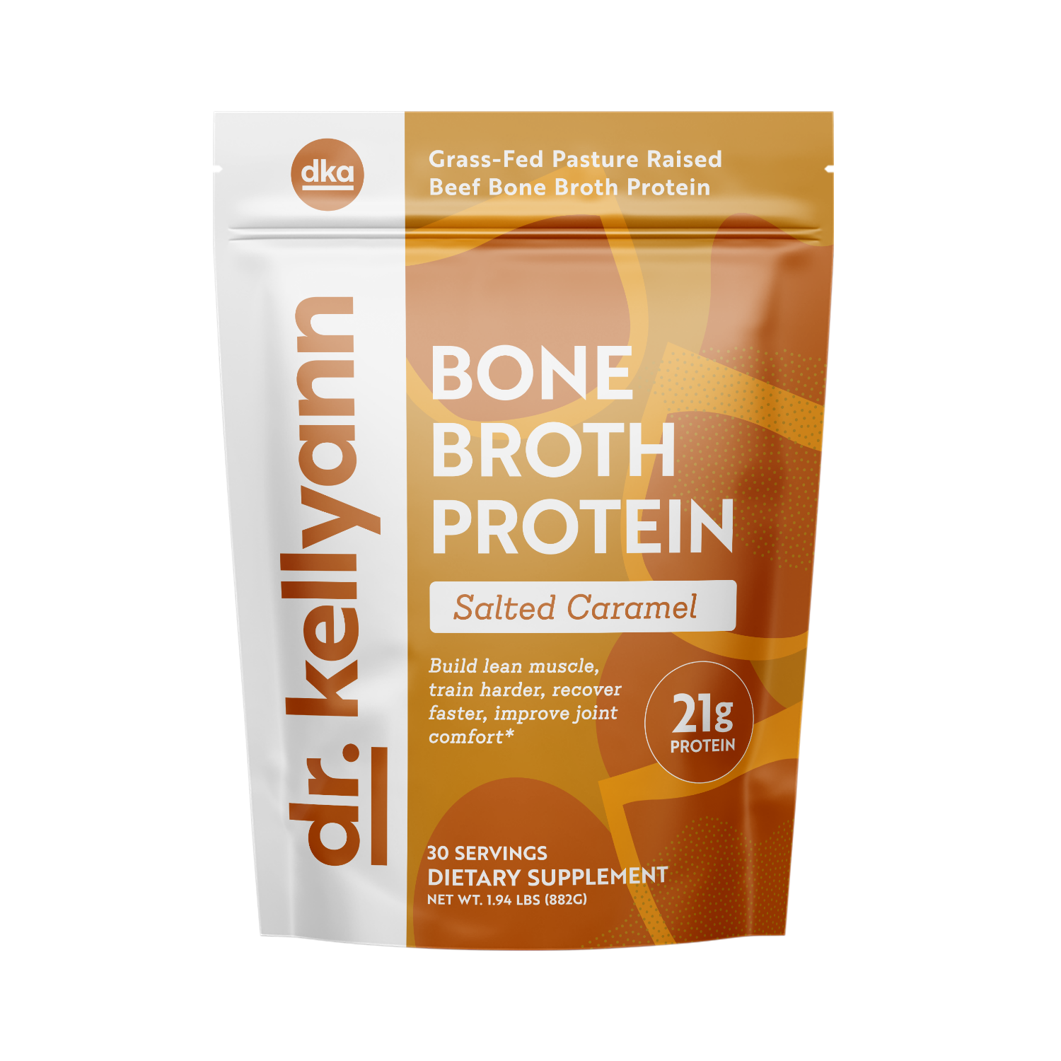 Dr. Kellyann Bone Broth Protein package in salted caramel flavor on a white background