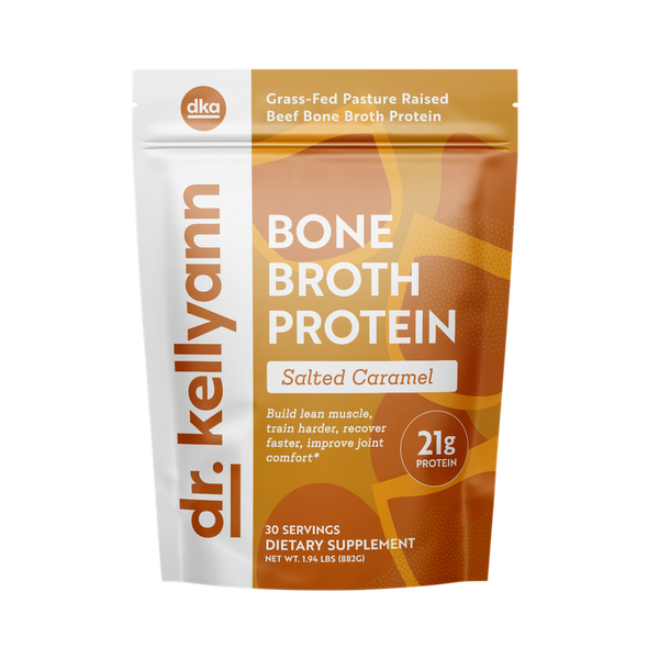 Dr. Kellyann Bone Broth Protein package in salted caramel flavor on a white background