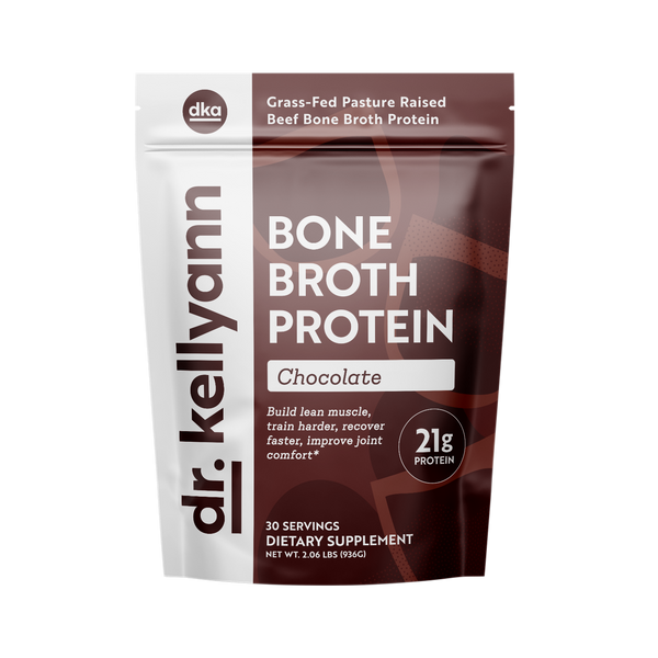 Dr. Kellyann Bone Broth Protein package in chocolate flavor on a white background
