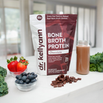 Chocolate Bone Broth Protein Powder on a kitchen 