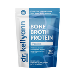Package of Dr. Kellyann Bone Broth Protein Vanilla flavor on a white background