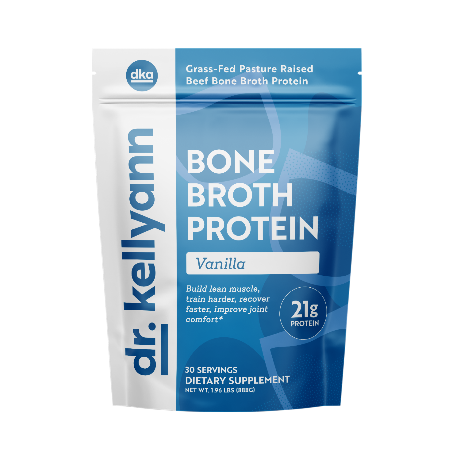 Package of Dr. Kellyann Bone Broth Protein Vanilla flavor on a white background