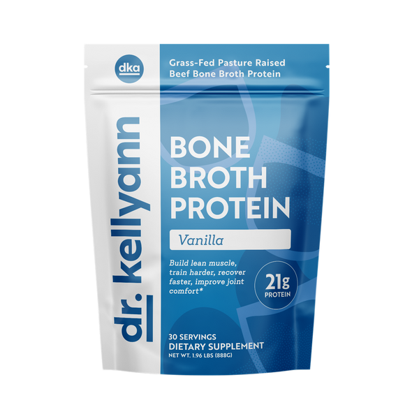 Package of Dr. Kellyann Bone Broth Protein Vanilla flavor on a white background