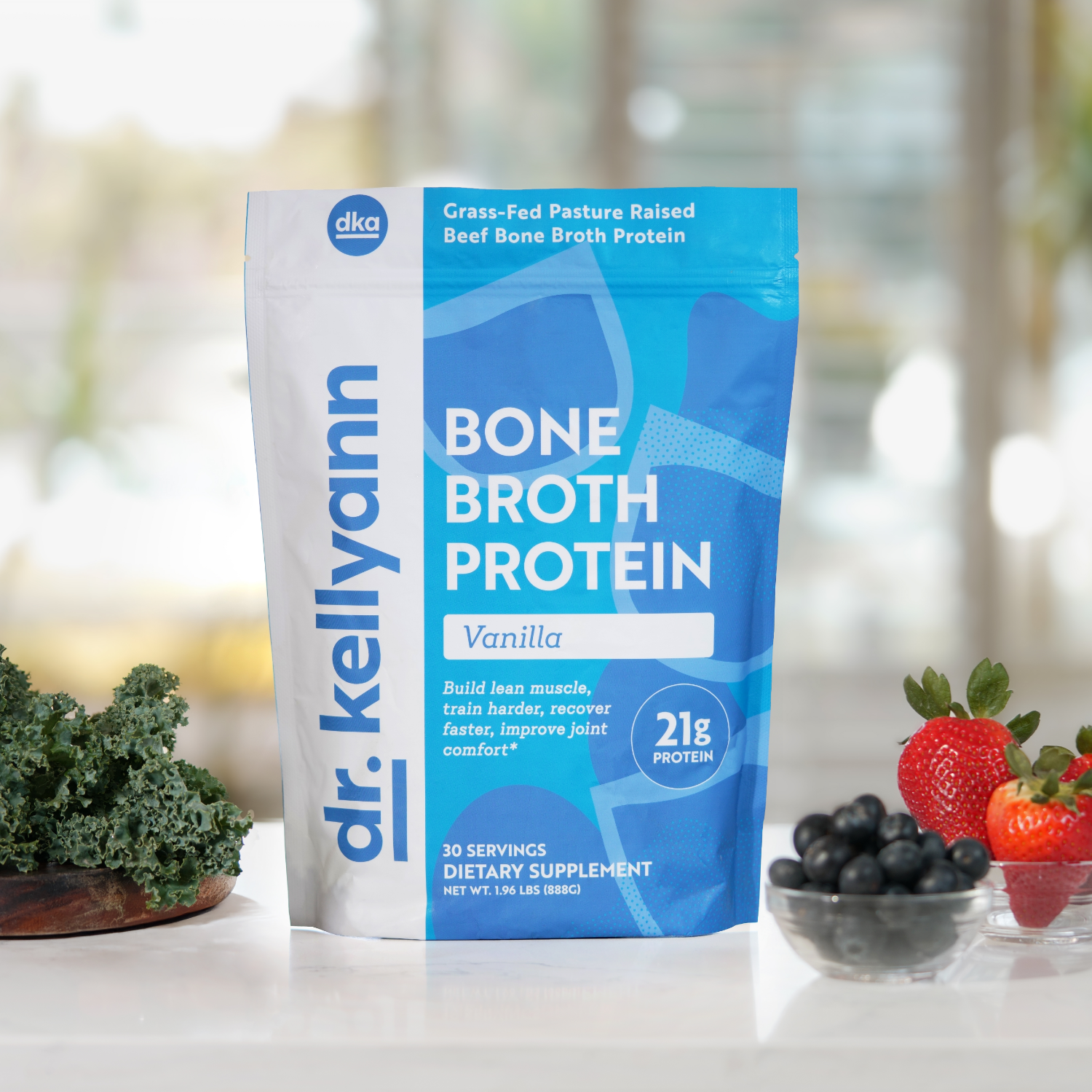 Vanilla Bone Broth Protein Powder on a kitchen