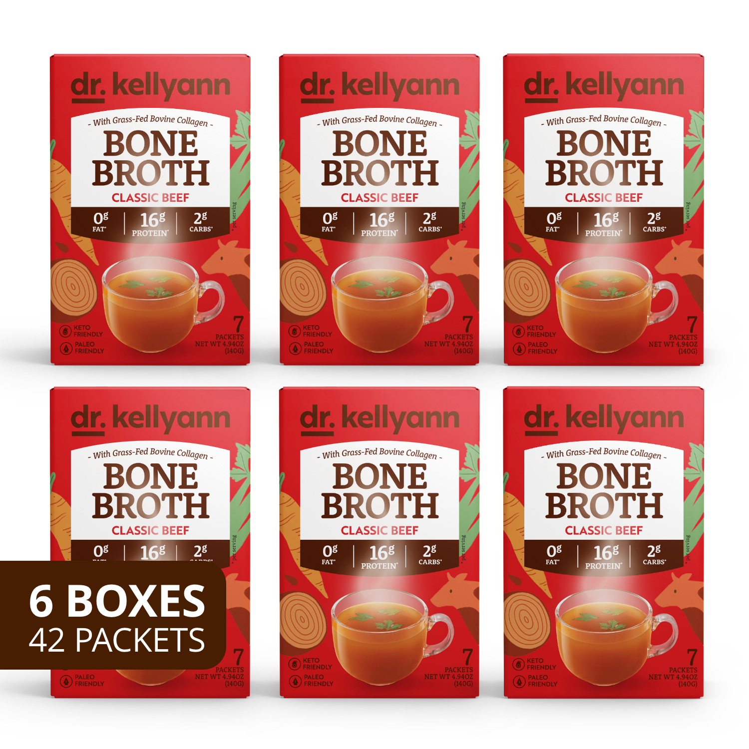 Six boxes of Dr. Kellyann Bone Broth Classic Beef on a white background