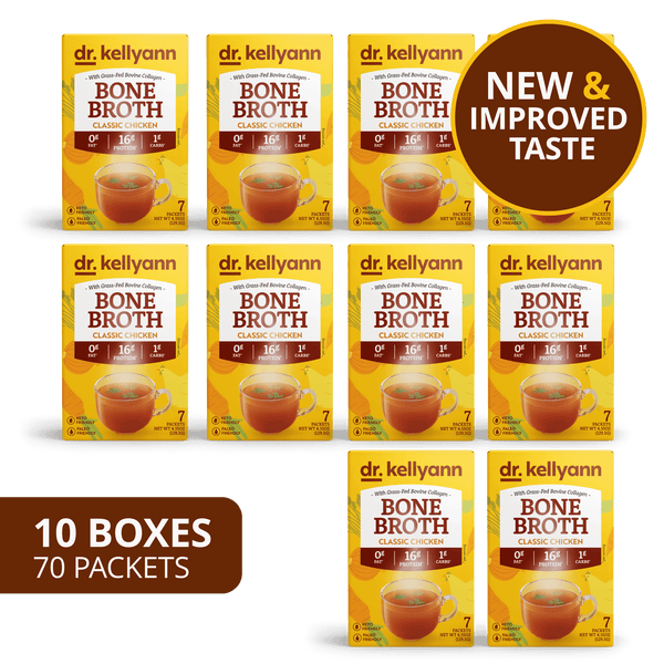 Multiple boxes of Dr. Kellyann Bone Broth with a 'New & Improved Taste' label.