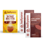 Three boxes of Dr. Kellyann products including Bone Broth and Collagen Shake on a white background