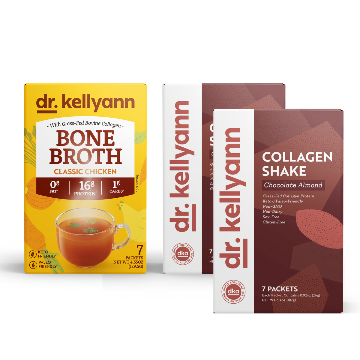 Three boxes of Dr. Kellyann products including Bone Broth and Collagen Shake on a white background