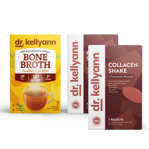 Three boxes of Dr. Kellyann products including Bone Broth and Collagen Shake on a white background