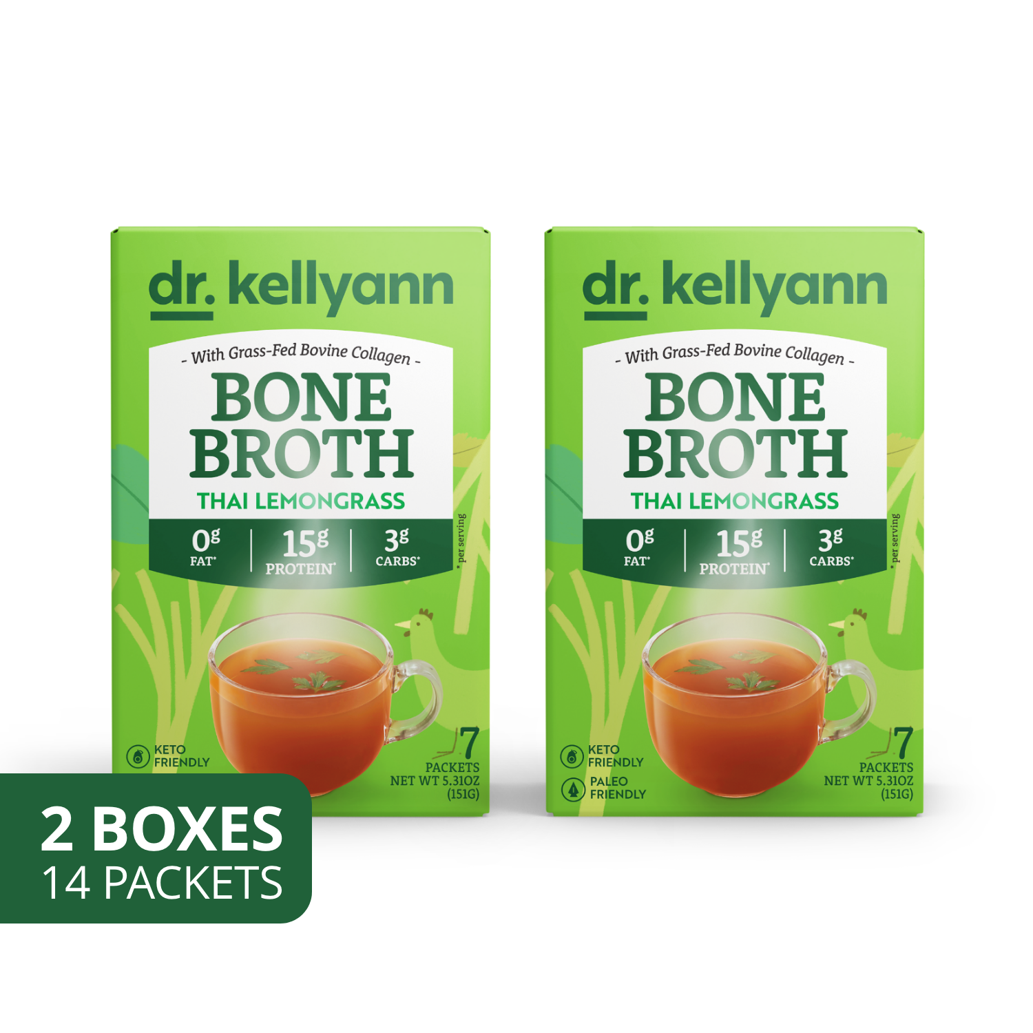 Two boxes of Dr. Kellyann Bone Broth Thai Lemongrass on a white background
