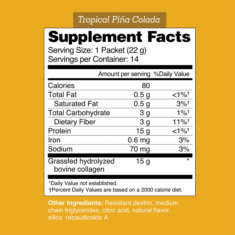 Supplement facts label for Tropical Pián Colada on a yellow background