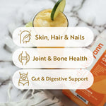Supplement packaging with health benefits listed for skin, hair, nails, joint, bone health, and gut & digestive support.