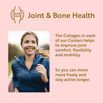 Advertisement for joint and bone health with a woman running and text about collagen coolers.