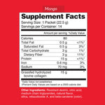 Supplement facts label for a mango-flavored product on a red background