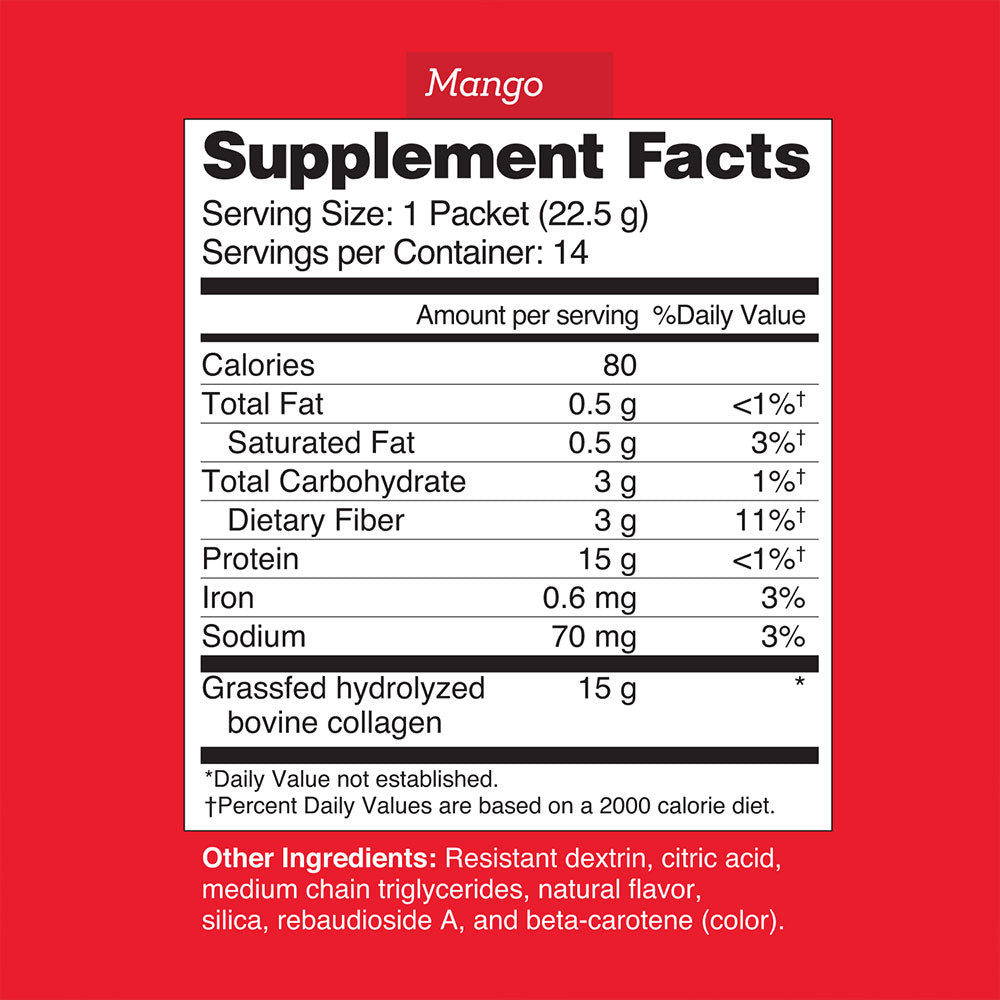 Supplement facts label for a mango-flavored product on a red background