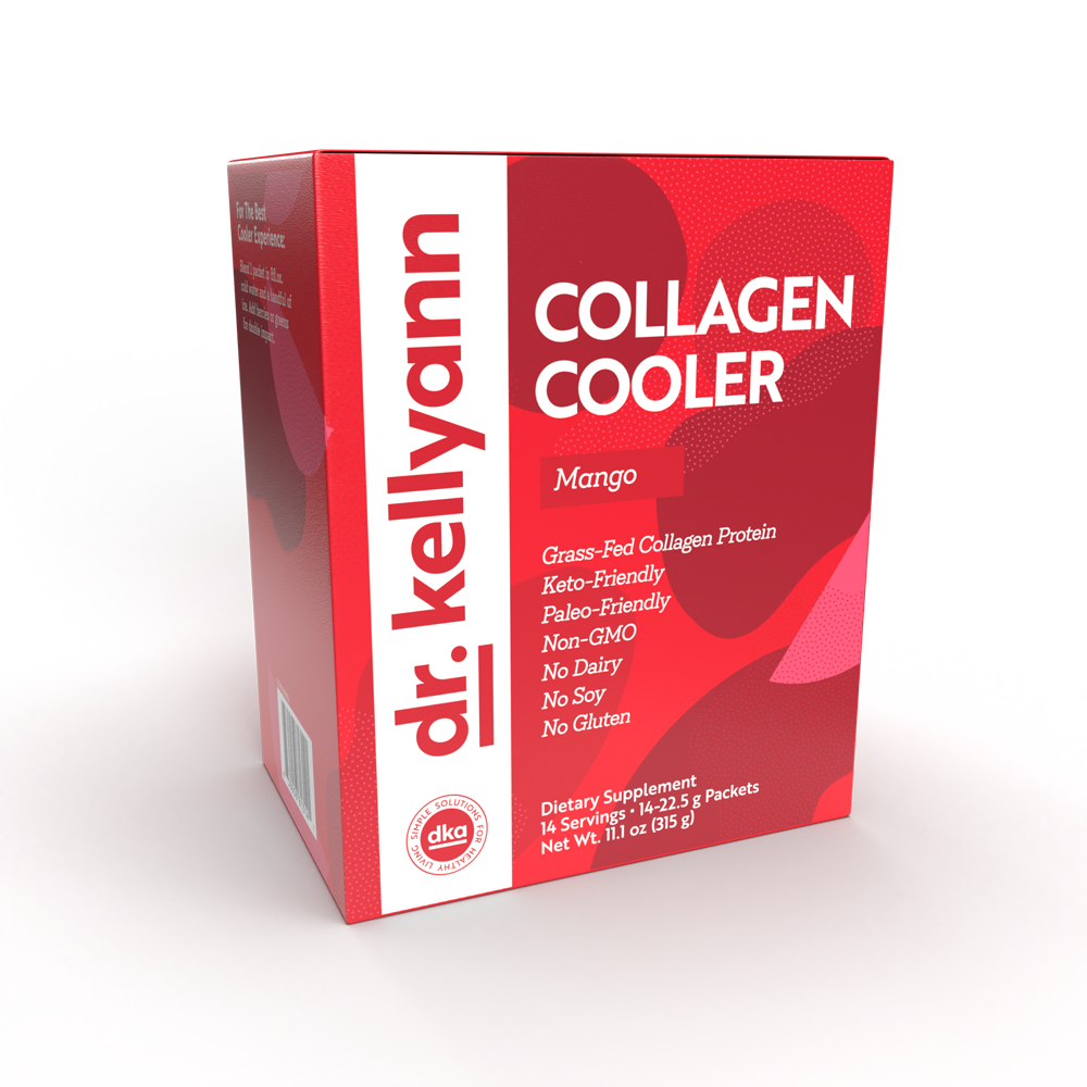 Box of Dr. Kellyann Collagen Cooler Mango flavor on a white background
