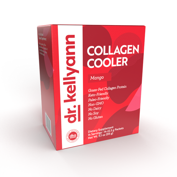 Box of Dr. Kellyann Collagen Cooler Mango flavor on a white background