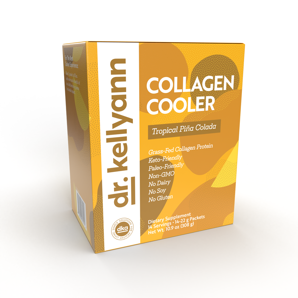 Box of Dr. Kellyann Collagen Cooler in Tropical Piña Colada flavor on a white background