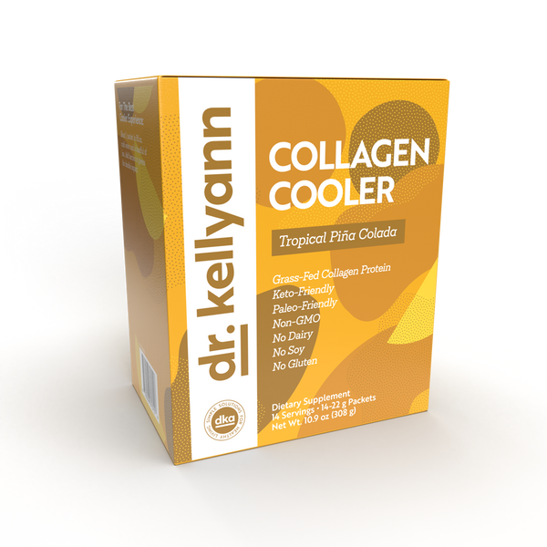 Box of Dr. Kellyann Collagen Cooler in Tropical Piña Colada flavor on a white background
