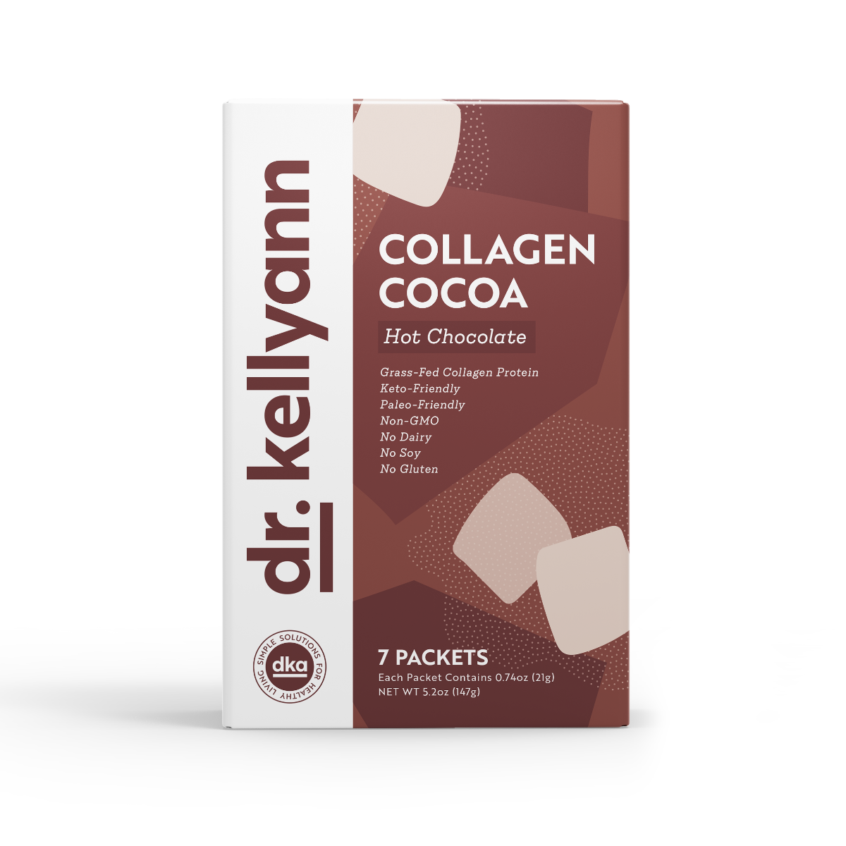 Box of Dr. Kellyann Collagen Cocoa Hot Chocolate on a white background