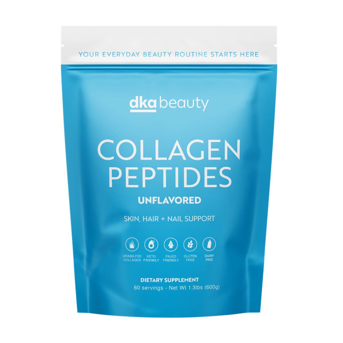Blue package of dka beauty Collagen Peptides on a white background