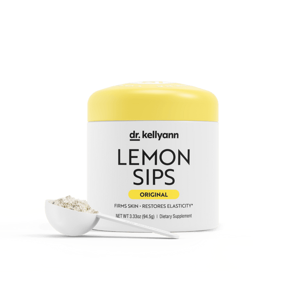 Dr. Kellyann Lemon Sips dietary supplement container with a spoonful of powder on a white background