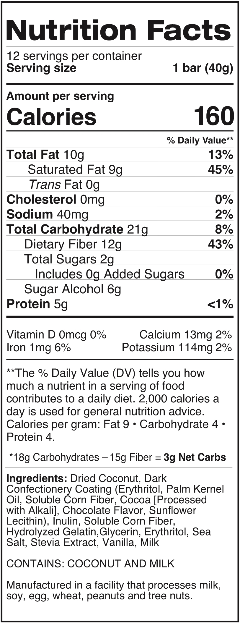 Nutrition facts label for a bar product.