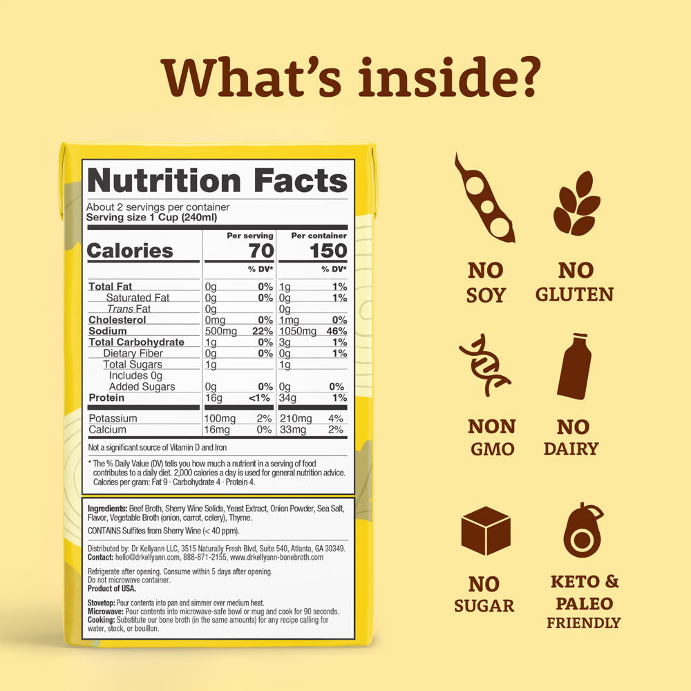 ack of Dr. Kellyann Bone Broth in French Onion Nutrition Pack and Content
