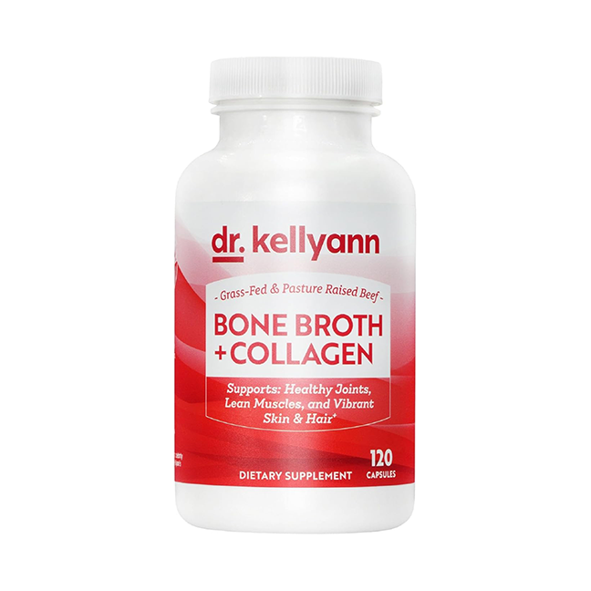 Dr. Kellyann Bone Broth + Collagen supplement bottle on a white background