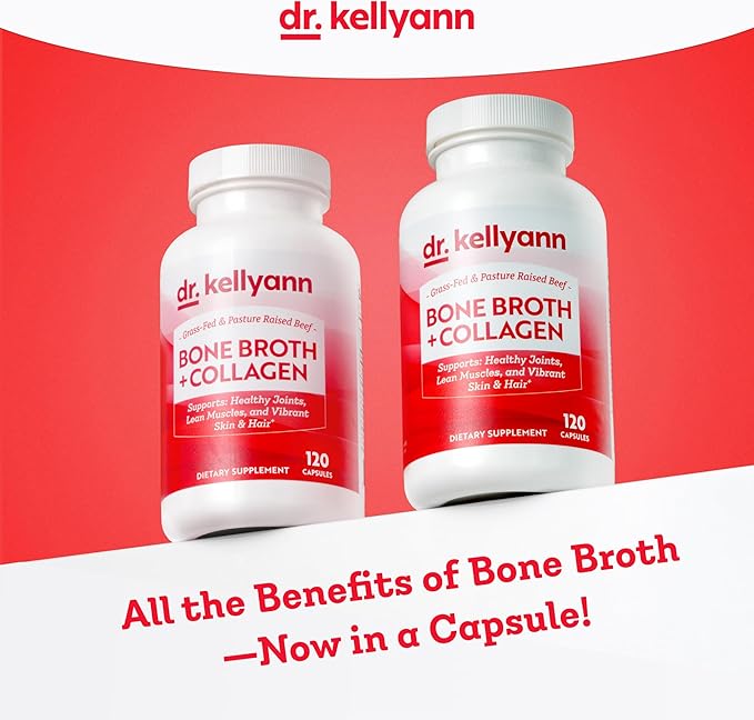 Two bottles of Dr. Kellyann Bone Broth + Collagen on a red background with promotional text.