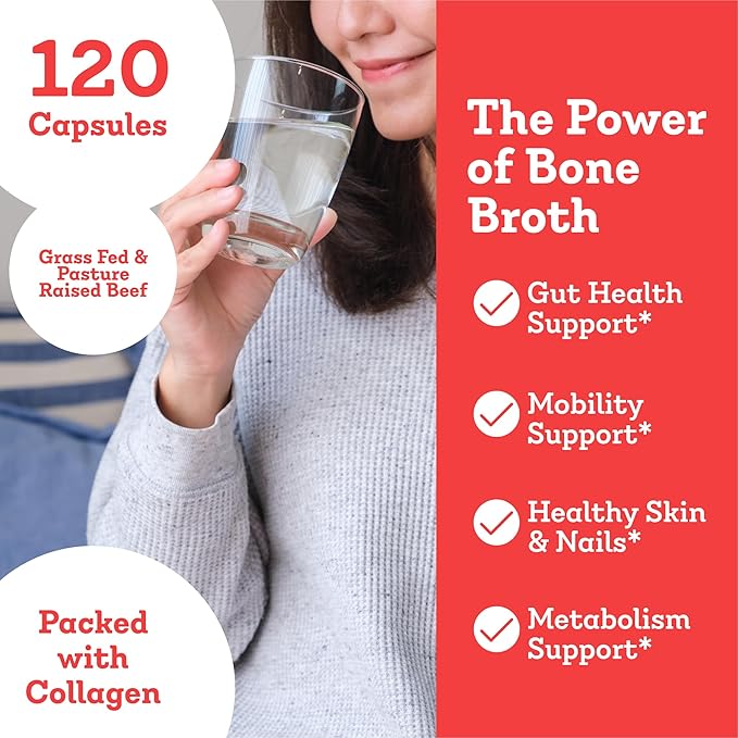 Person holding a glass of water with text about bone broth capsules and their health benefits.