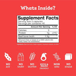 Supplement facts label with icons indicating no soy, dairy, gluten, sugar, gmo, and keto & paleo friendly on a red background.