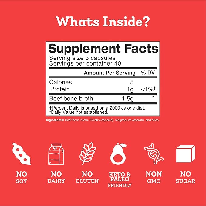 Supplement facts label with icons indicating no soy, dairy, gluten, sugar, gmo, and keto & paleo friendly on a red background.