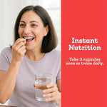Woman taking a supplement with a glass of water, promotional text for instant nutrition on a red background